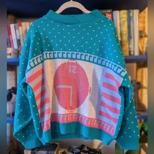 Vtg 80s Clock Sweater Mock Neck